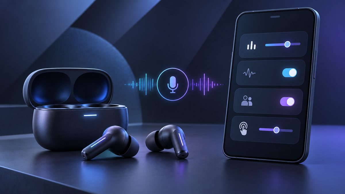 Conceptual wireless earbuds with voice and audio setting controls