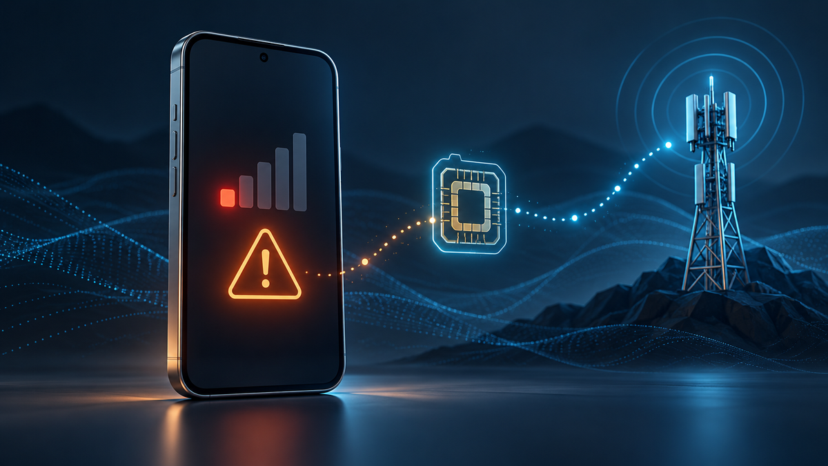 Conceptual illustration of a smartphone reconnecting cellular service through an eSIM and network tower