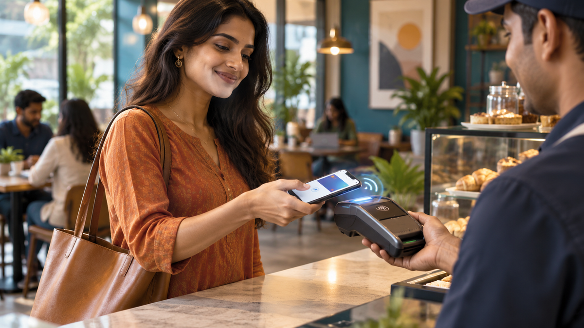 Conceptual illustration of an Indian customer making a contactless phone payment at a café