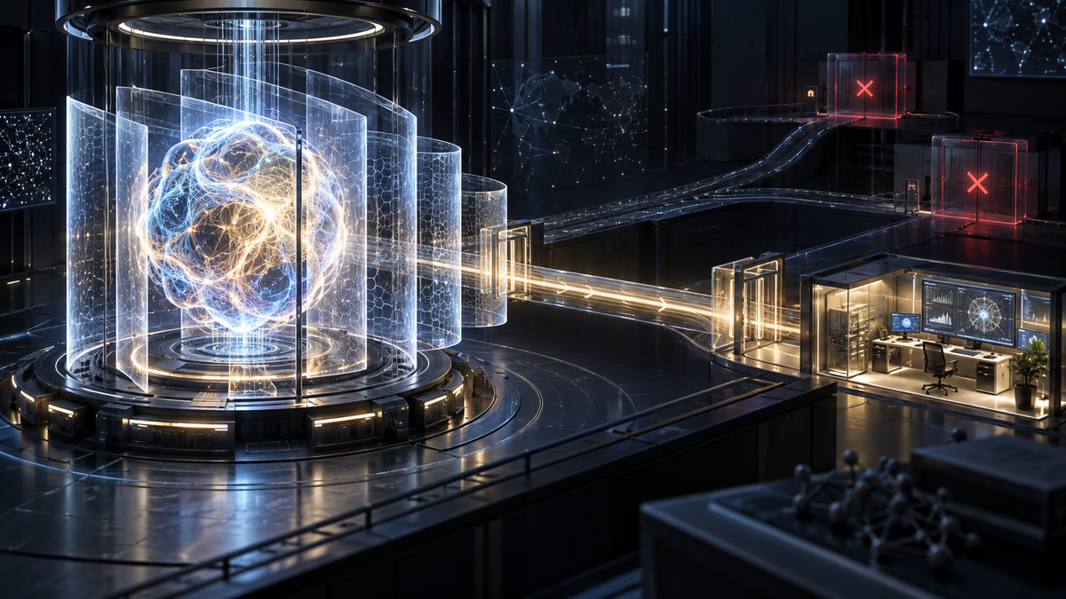 Conceptual illustration of a frontier AI reasoning core behind layered security gates with controlled access