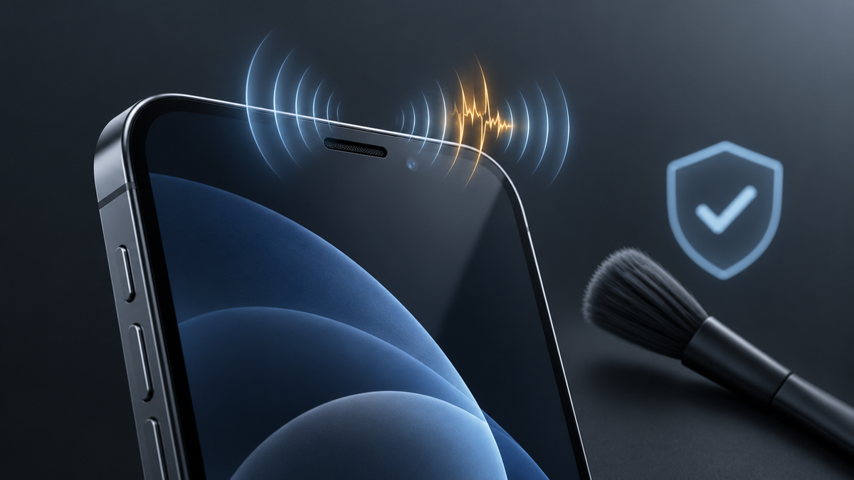 Conceptual illustration of a smartphone earpiece emitting smooth and crackling sound waves beside a soft cleaning brush