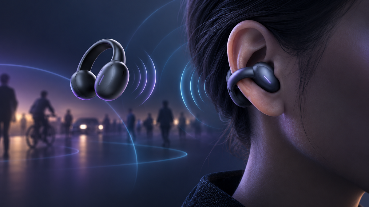 Conceptual illustration of generic open-ear clip-on earbuds with ambient awareness cues