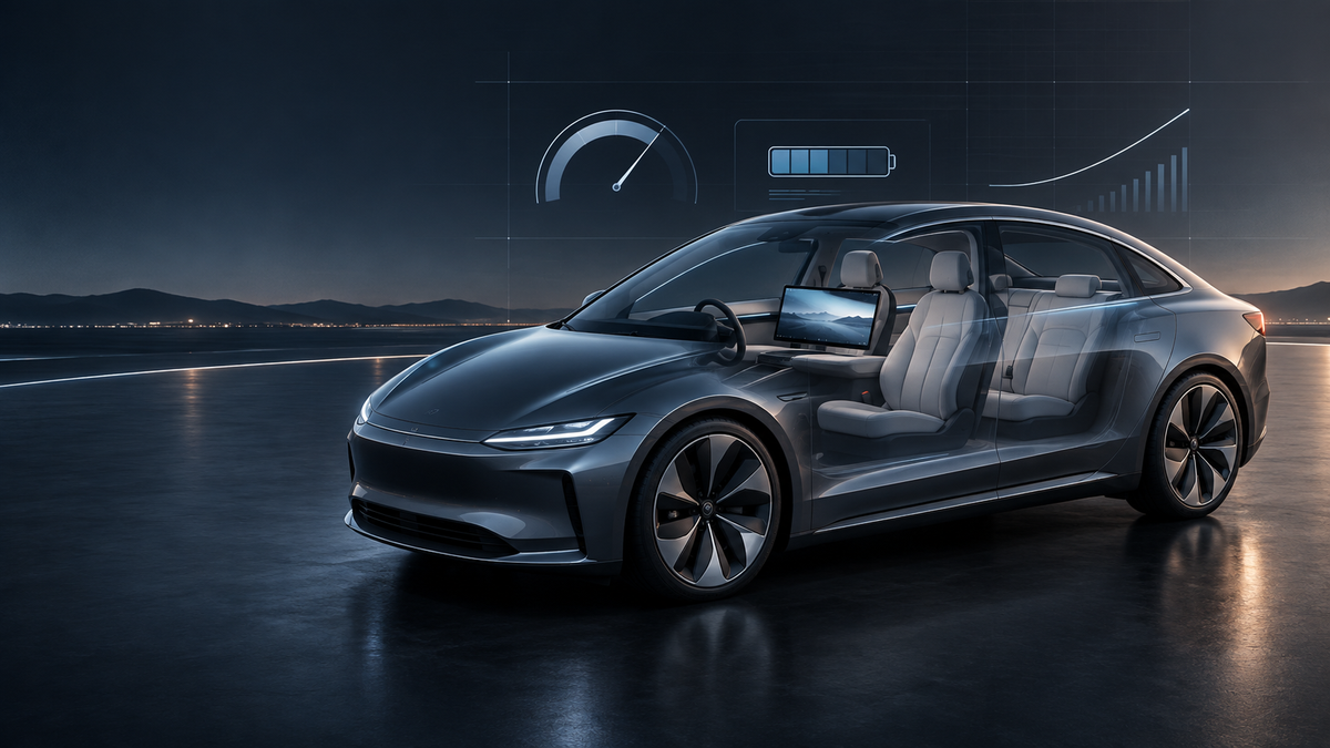 Conceptual electric sedan cabin with a large landscape center display and abstract performance graphics