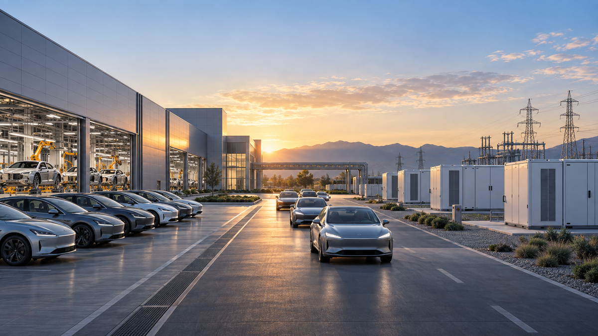 Editorial concept of electric vehicle assembly, delivery lanes and grid battery storage at dawn