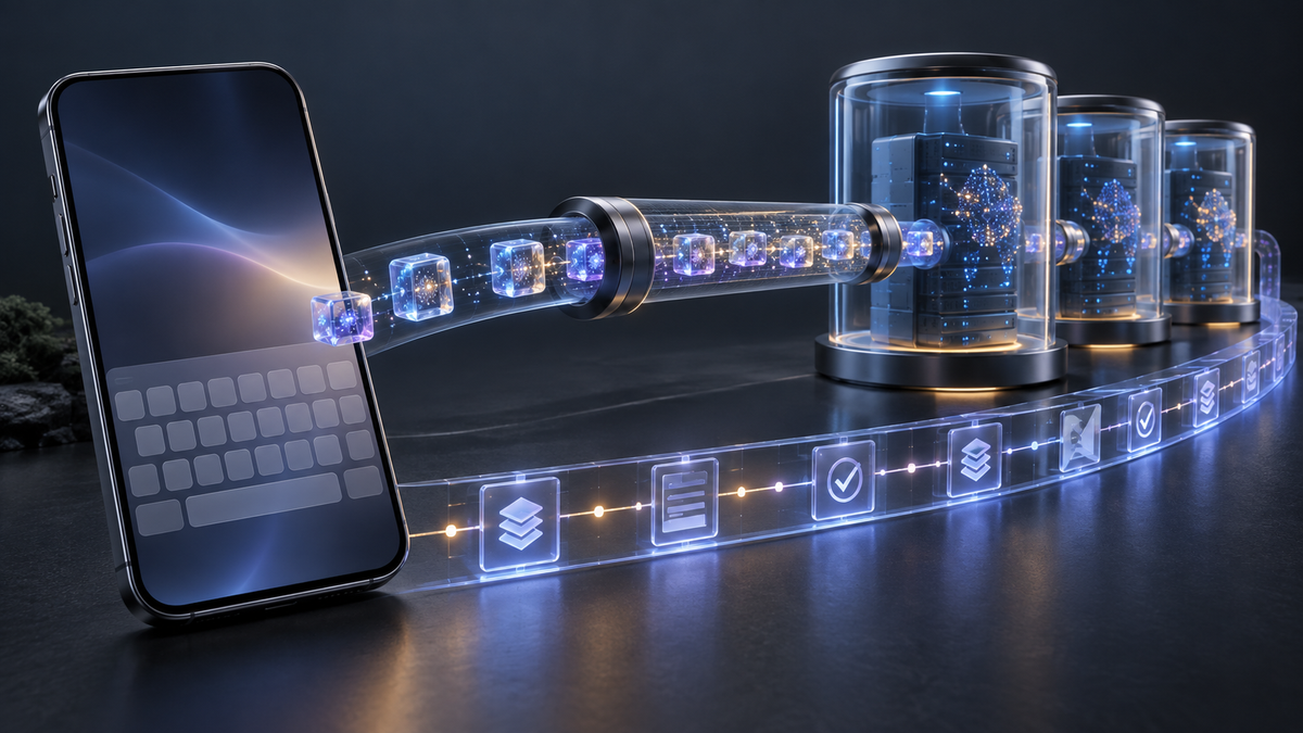 Conceptual smartphone keyboard sending encrypted training data into sealed, auditable compute chambers