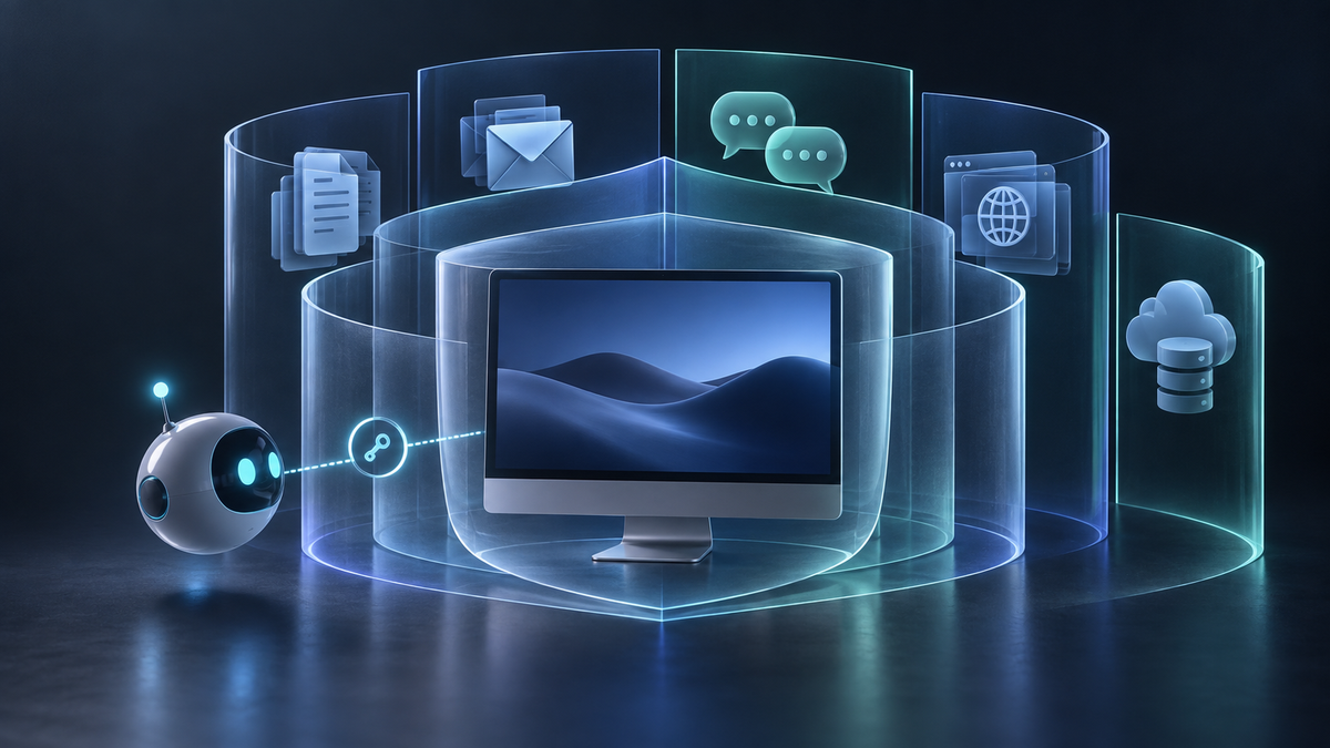 Conceptual desktop computer protected by layered privacy controls while an AI agent requests access