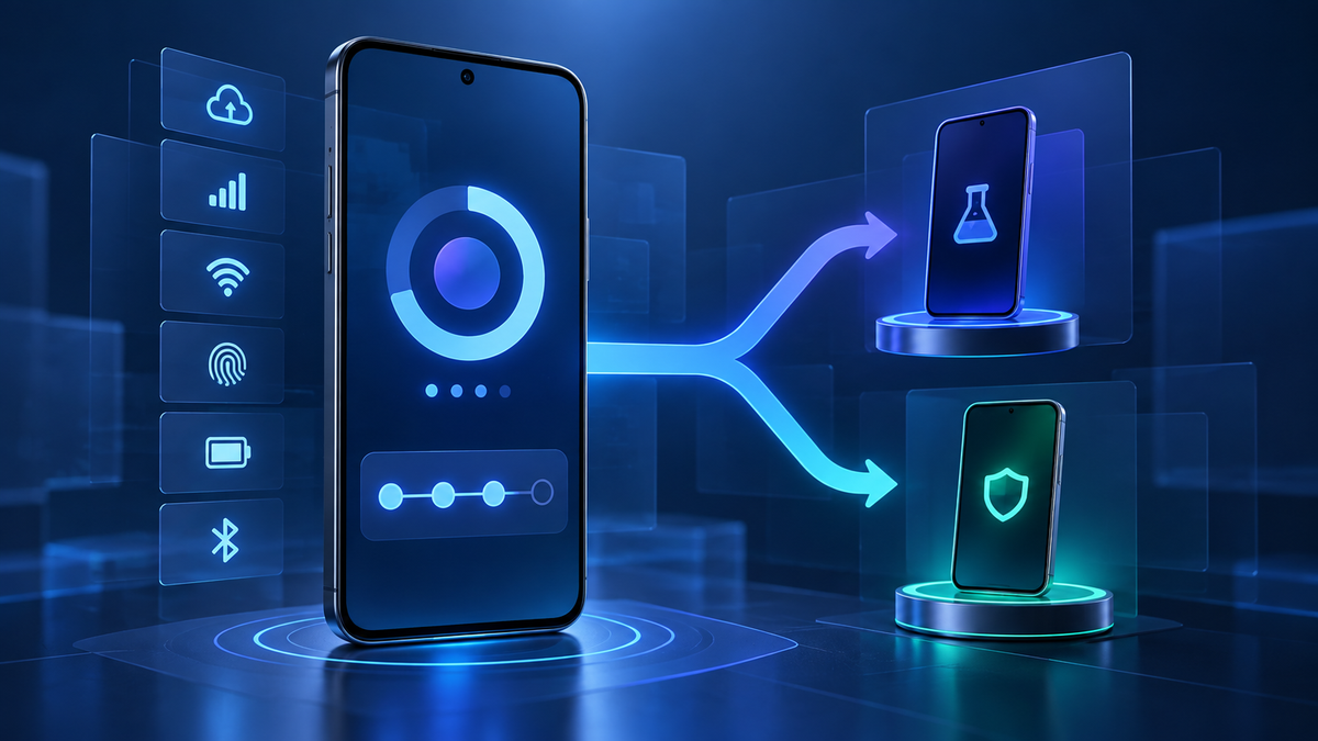 Conceptual phones showing a beta software update path, backup and device protection choices