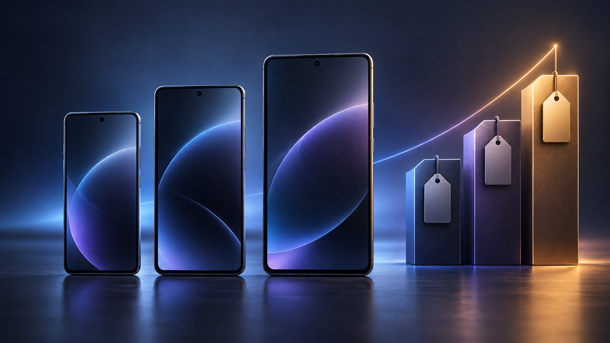Conceptual unbranded smartphones beside rising price tags representing a changing flagship price ladder