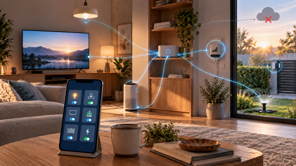Conceptual smart home using local hub control while the external internet connection is unavailable