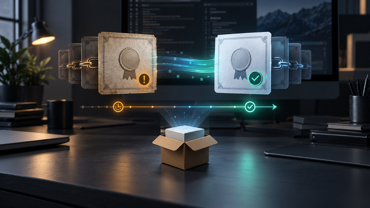 Concept illustration of an expiring Developer ID certificate moving to a renewed trust chain above a Mac installer package