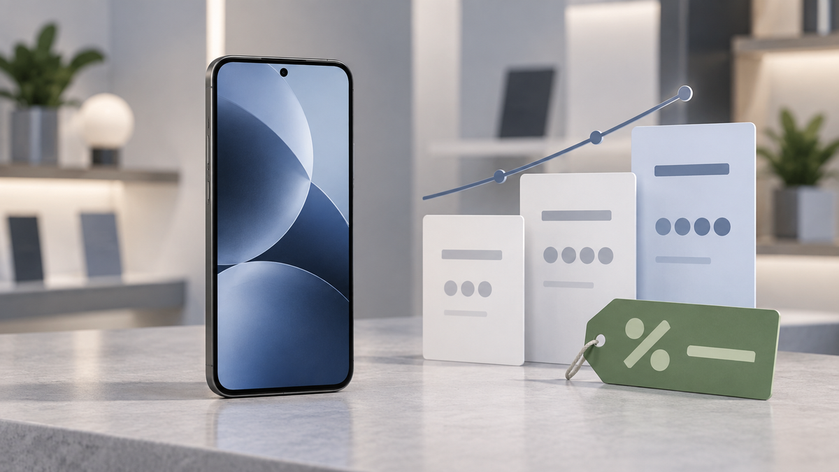 Conceptual smartphone pricing comparison with list-price trend and temporary discount