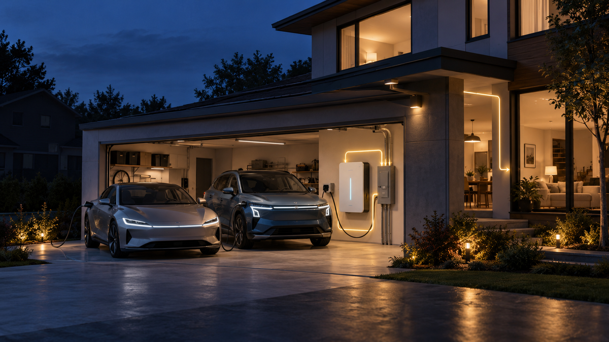 Conceptual electric sedan and crossover extending home backup through a wall battery during an outage