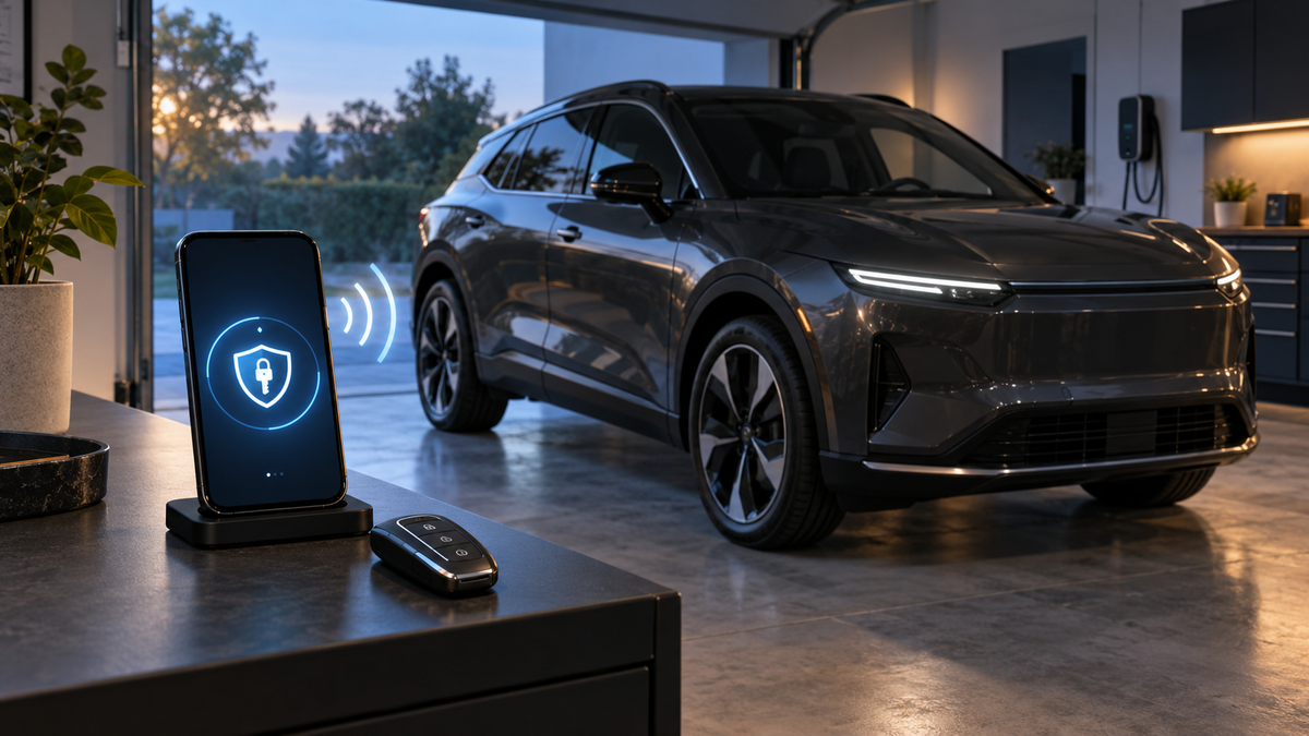 Conceptual smartphone digital key connection to an electric vehicle with a physical key backup