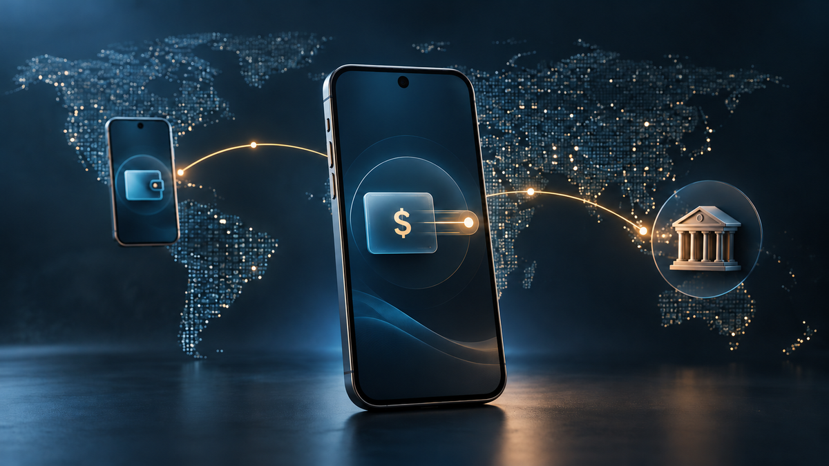 Concept illustration of a generic Galaxy-style phone sending USDC between wallet and bank destinations