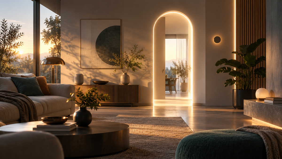 Warm generic connected living room representing HomePod mini 2 home audio and smart-home use
