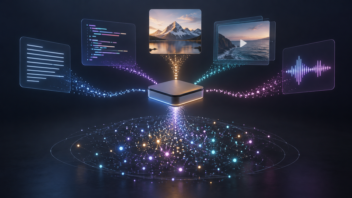 Unbranded conceptual visualization of text, code, image, video and audio flowing through a local AI computing module