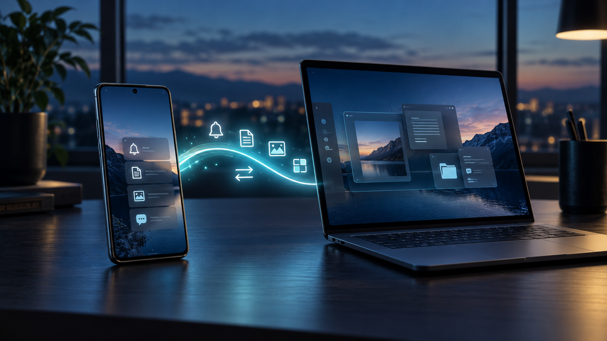 Concept illustration of a generic Android phone and laptop sharing notifications, files and app activity