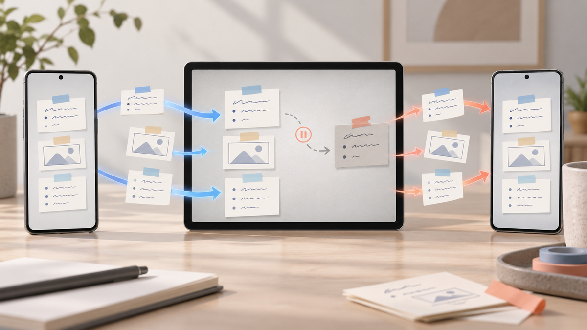 Concept illustration of notes syncing across devices with one cross-version compatibility pause