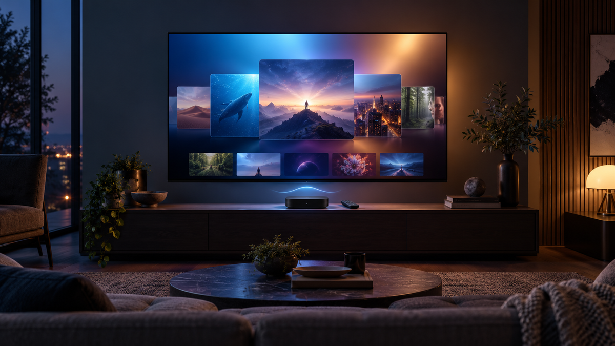 Unbranded modern home theater concept representing Apple TV 4K streaming and Siri AI discovery