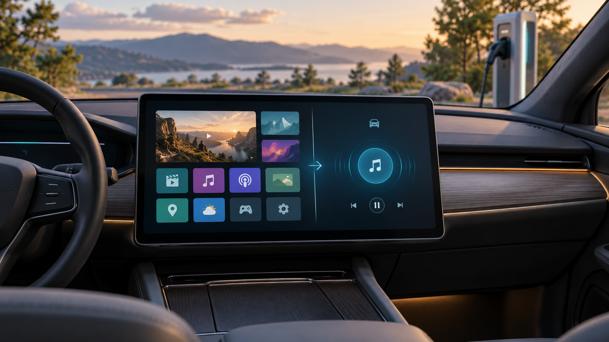 Unbranded conceptual vehicle dashboard with generic app tiles transitioning from parked media to audio-only playback; not a real Google interface
