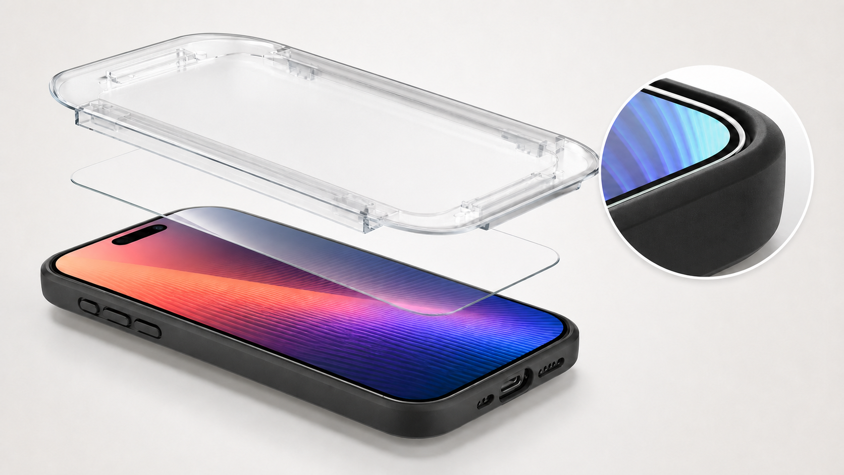 Clear screen protector and protective case aligned over a smartphone display