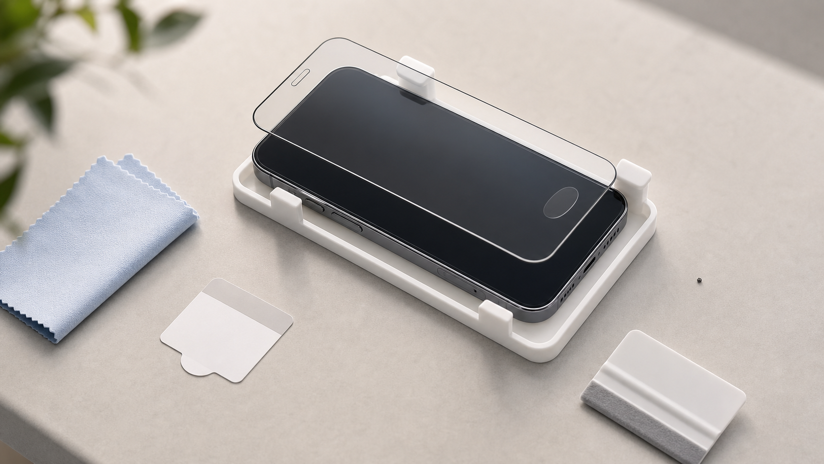 Smartphone screen protector positioned above a phone in an installation tray