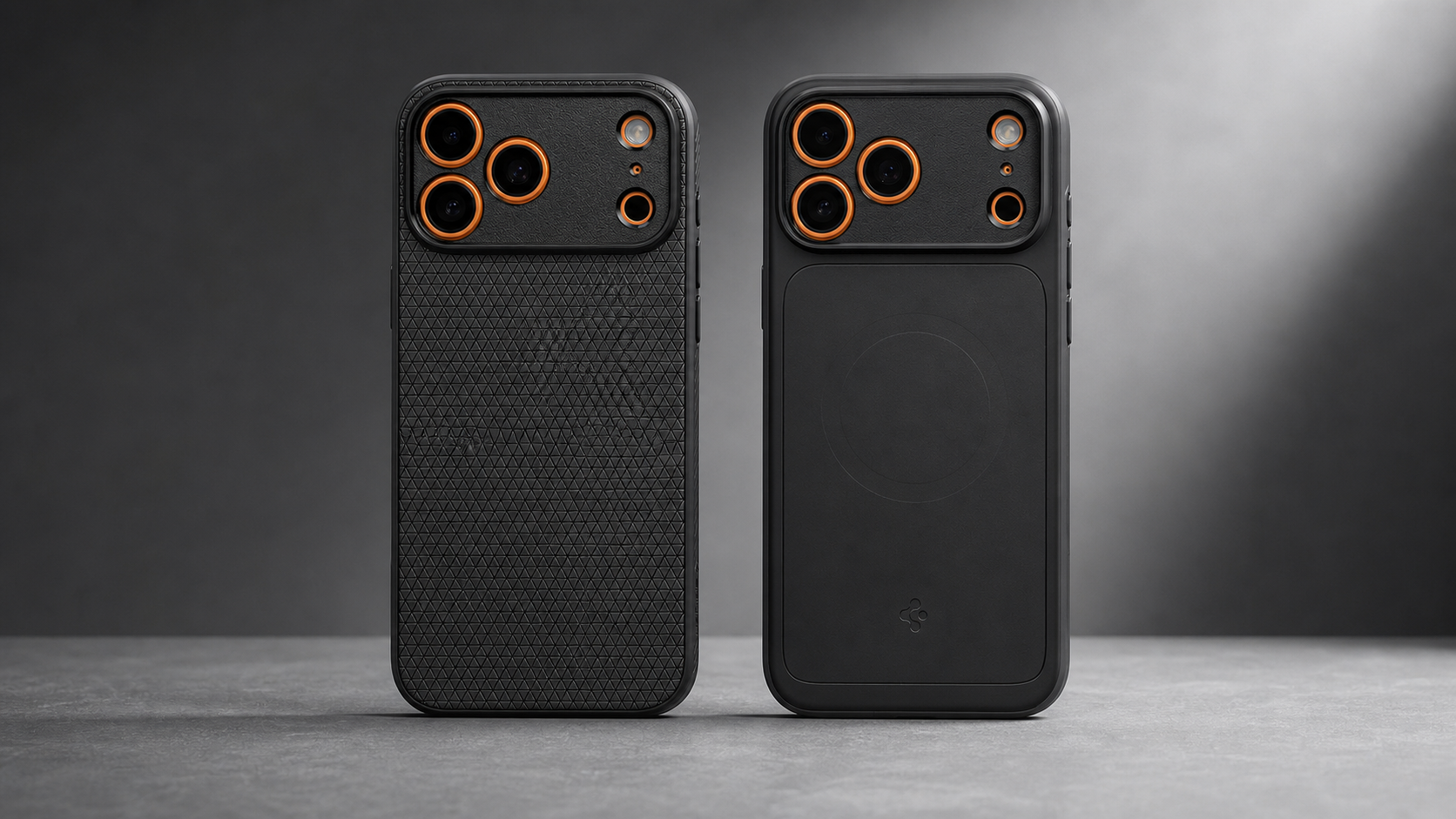 Spigen Liquid Air and Thin Fit MagFit slim iPhone 17 Pro Max cases side by side