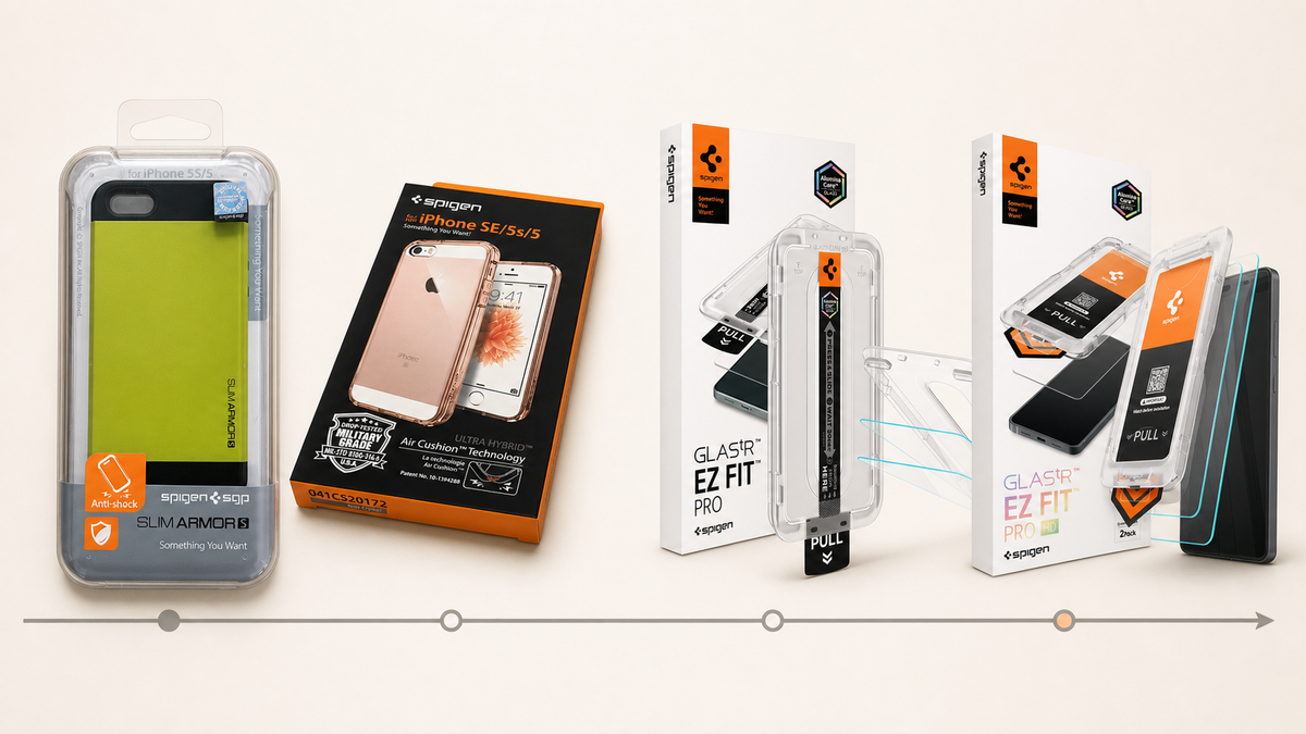 Spigen packaging timeline from clear plastic boxes to modern Online and Offline paper packaging