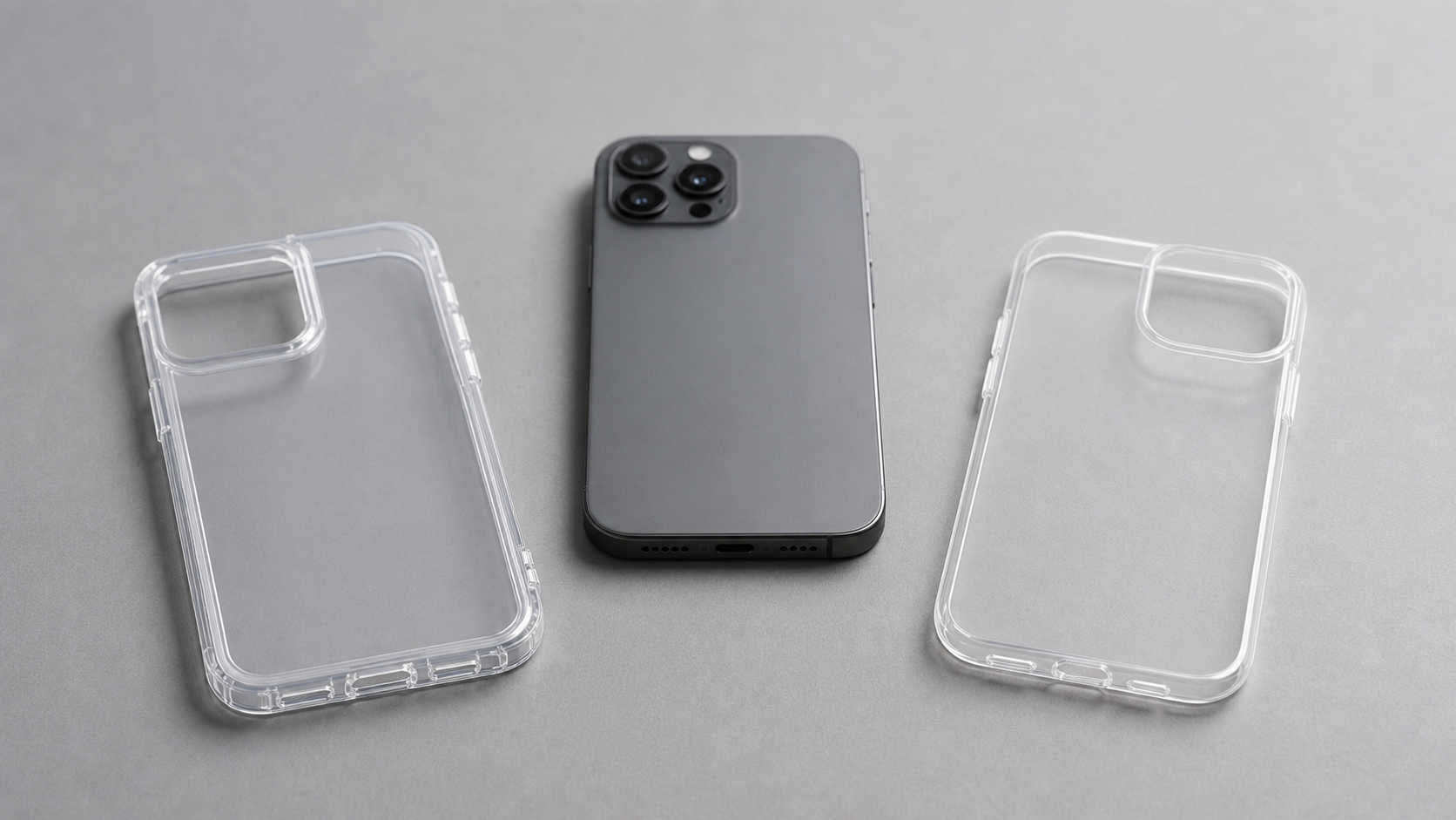 Two generic clear smartphone cases showing a structured rigid-back design beside a slimmer flexible design