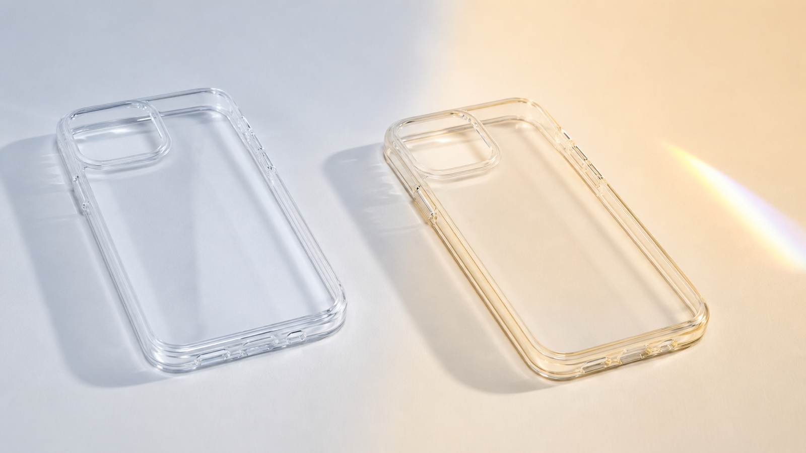 Two generic clear phone cases under cool and warm light illustrating transparent case aging