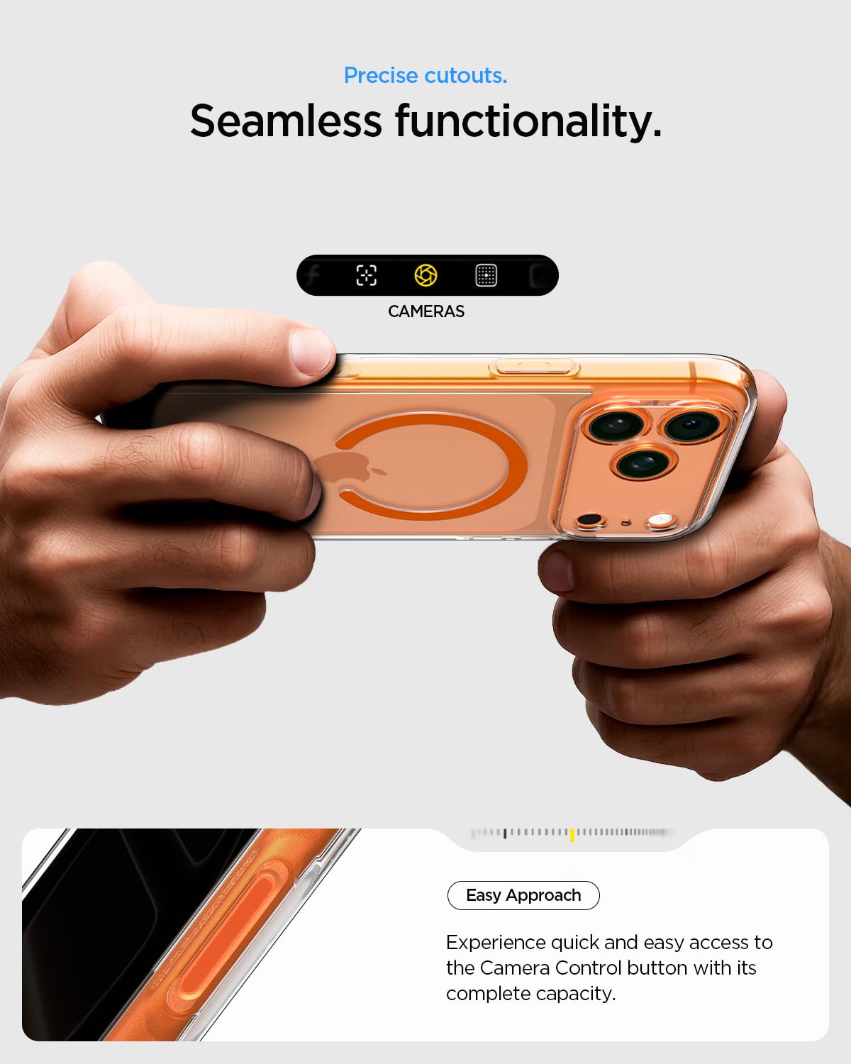 Spigen iPhone 17 Pro Ultra Hybrid MagFit case in Clear Orange - raised camera and screen edge protection