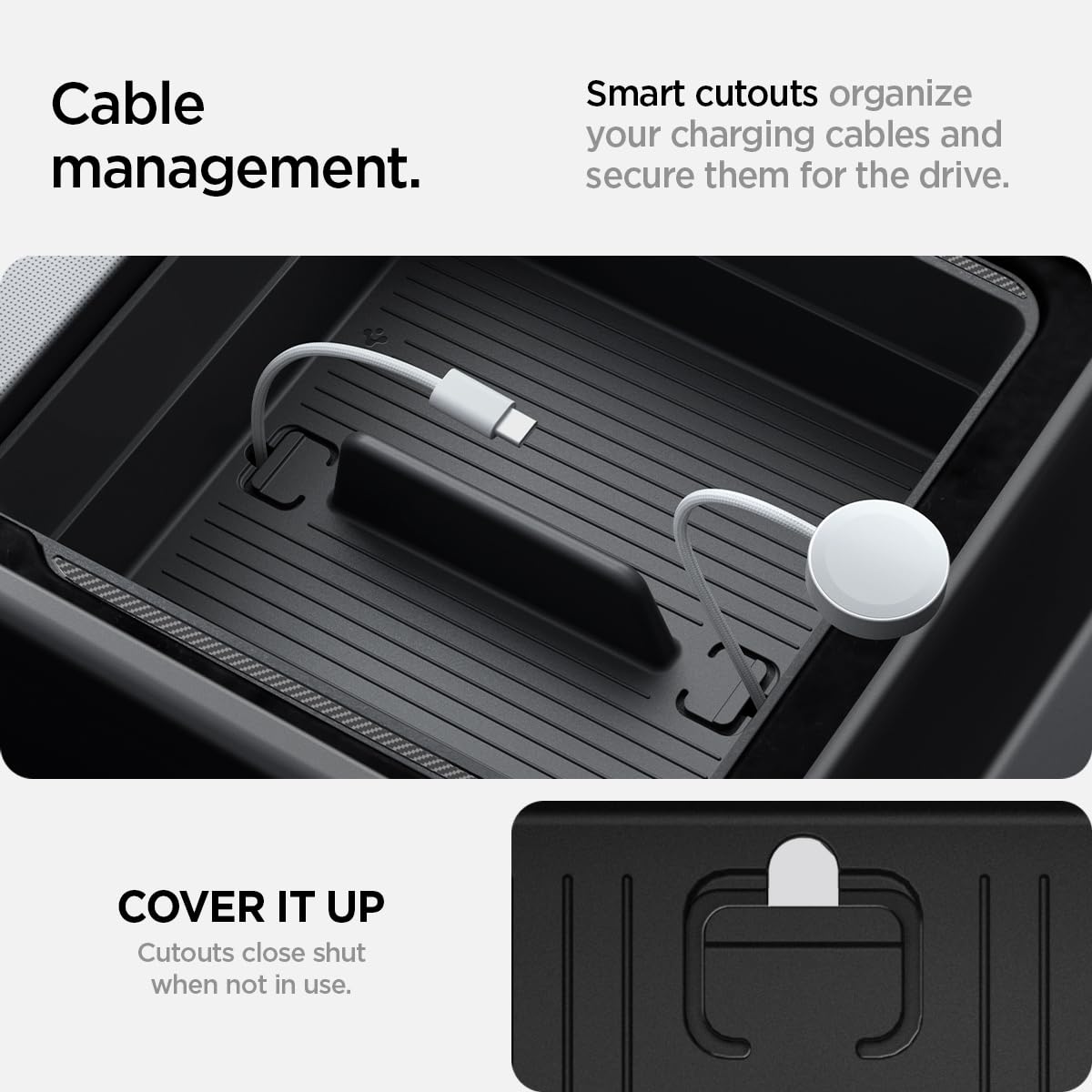 Spigen Tesla armrest organizer cable cutout detail