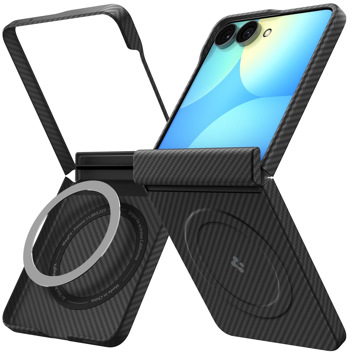 Spigen Galaxy Z Flip 8 Case Air Skin Aramid MagFit – Black – front, rear and hinge-cover views