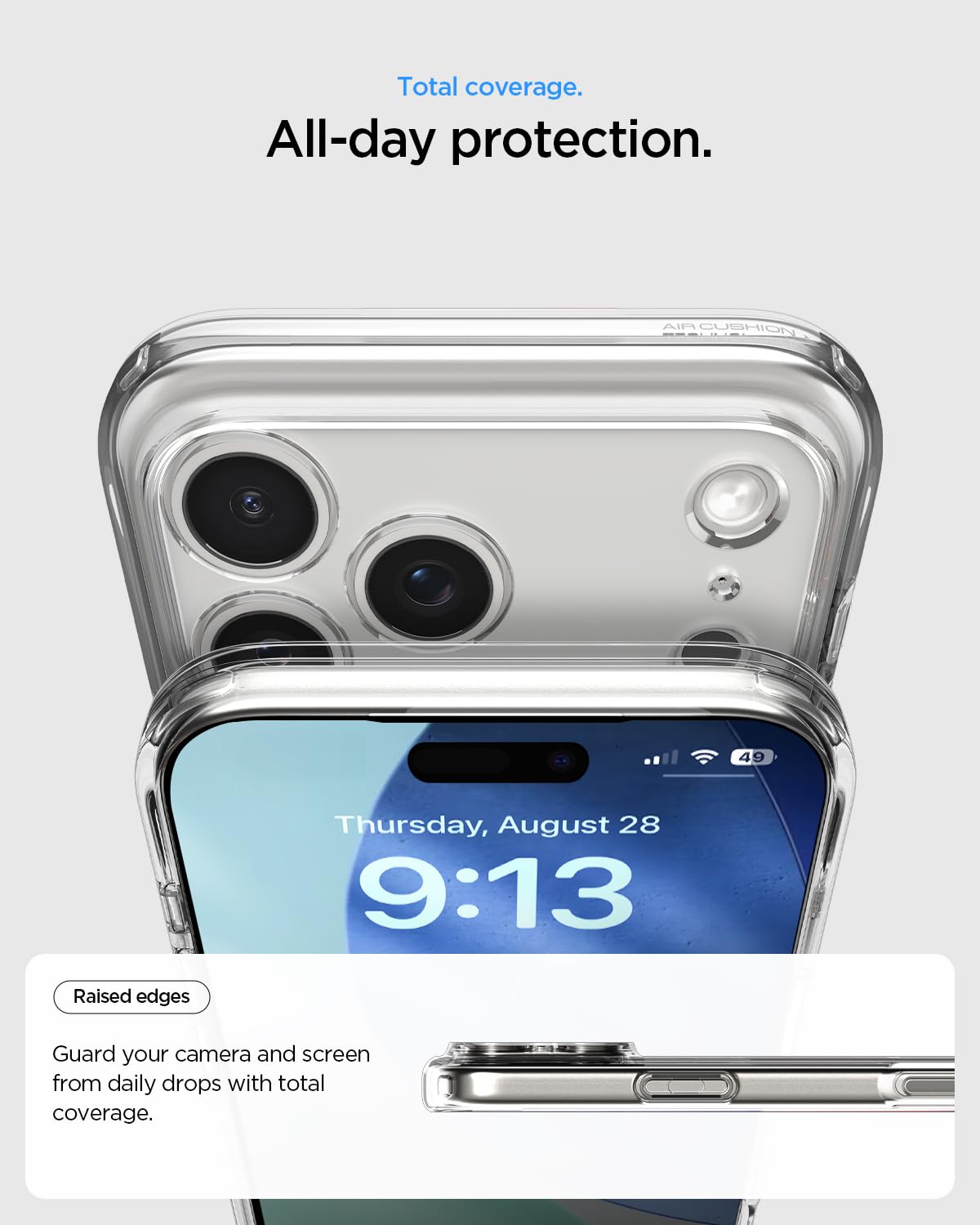 Spigen iPhone 17 Pro Ultra Hybrid case in Crystal Clear - raised screen and camera edges