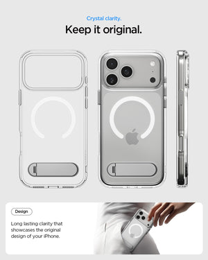 Spigen iPhone 17 Pro Max Ultra Hybrid S MagFit case in Clear White - clear case front, back and side views