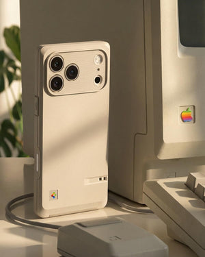 Spigen iPhone 17 Pro Max Classic LS MagFit case in Stone - retro desktop lifestyle view