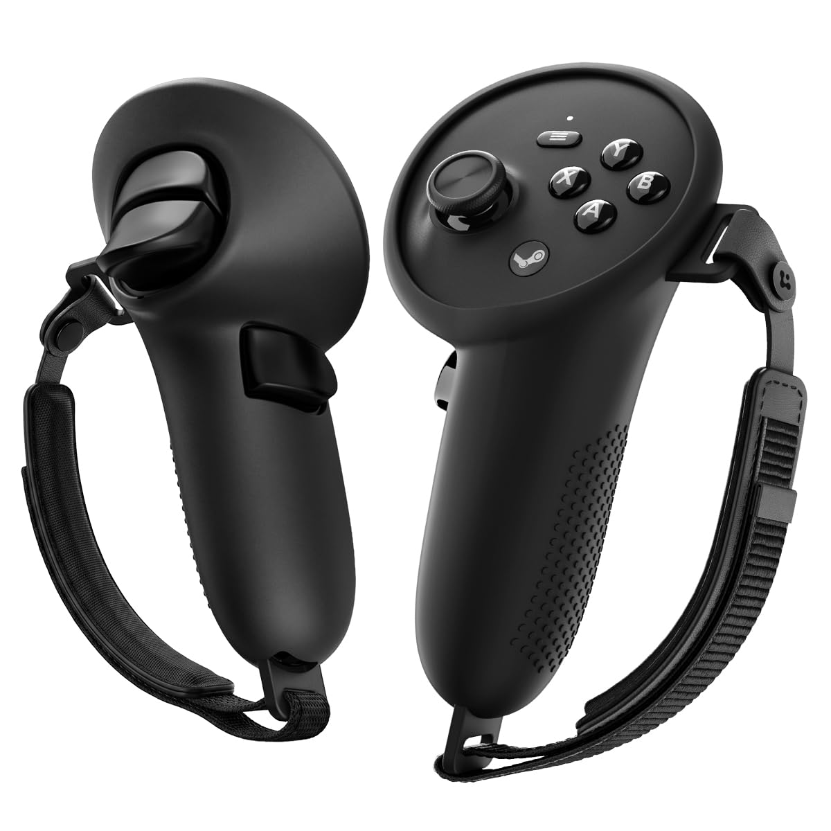 Spigen Steam Frame VR Controller Grips – Silicone Fit — Black, left and right covers with hand straps on white background