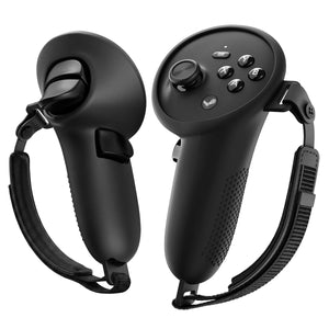 Spigen Steam Frame VR Controller Grips – Silicone Fit — Black, left and right covers with hand straps on white background