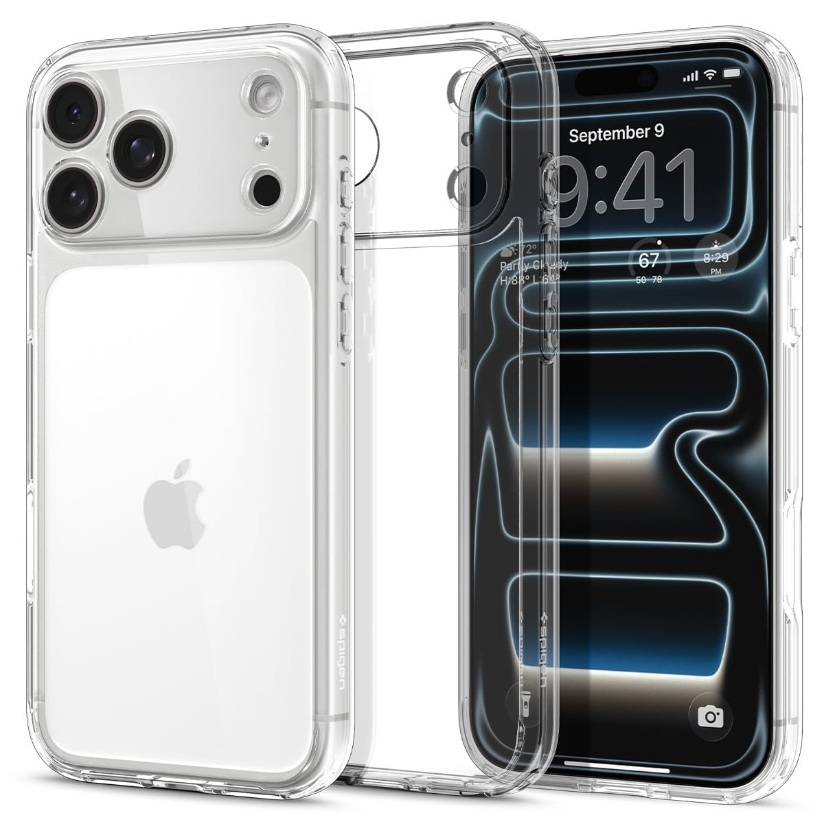 Spigen iPhone 17 Pro Ultra Hybrid case in Crystal Clear - front, back and side views