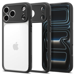 Spigen iPhone 17 Pro Ultra Hybrid case in Matte Black - front, back and side views