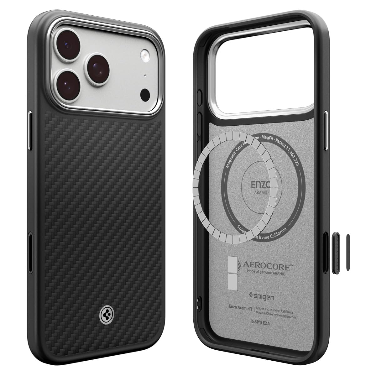Spigen iPhone 17 Pro Enzo Aramid T MagFit case in Black Silver - front, back and interior views