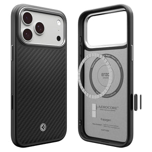 Spigen iPhone 17 Pro Enzo Aramid T MagFit case in Black Silver - front, back and interior views