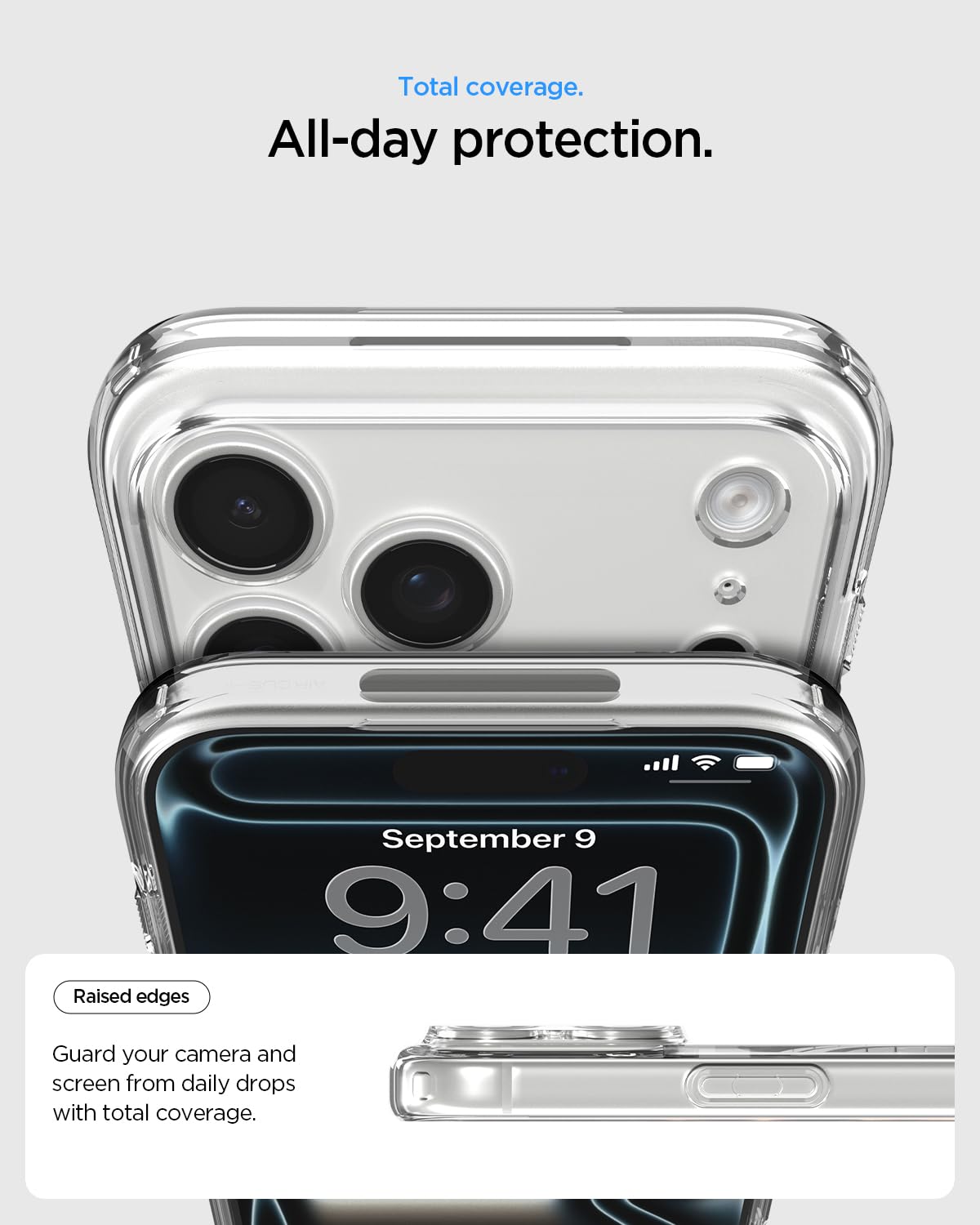 Spigen iPhone 17 Pro Ultra Hybrid MagFit case in Clear Gold - raised camera and screen edge protection