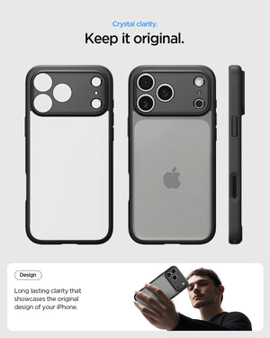 Spigen iPhone 17 Pro Ultra Hybrid case in Matte Black - clear back and Matte Black frame details