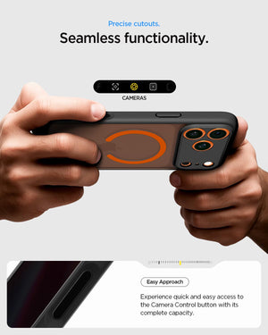 Spigen iPhone 17 Pro Ultra Hybrid MagFit case in Frost Black Orange - raised camera and screen edge protection