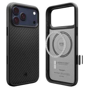 Spigen iPhone 17 Pro Enzo Aramid T MagFit case in Black Black - front, back and interior views