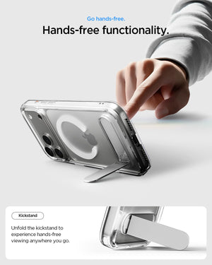 Spigen iPhone 17 Pro Max Ultra Hybrid S MagFit case in Clear White - hands-free landscape viewing
