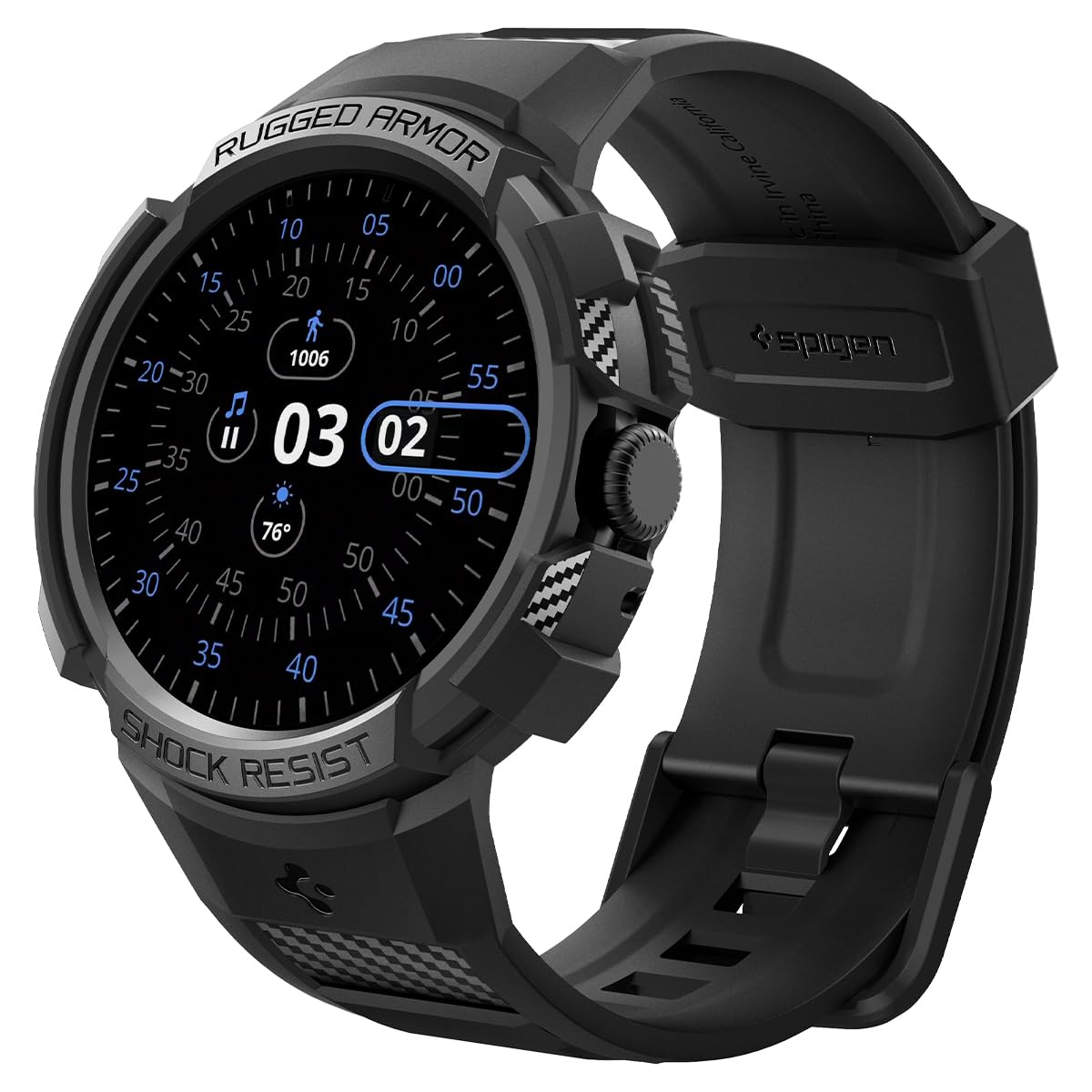 Black Spigen Rugged Armor Pro protective case and band for Google Pixel Watch