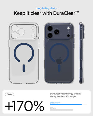 Spigen iPhone 17 Pro Ultra Hybrid MagFit case in Clear Deep Blue - case design and side profile