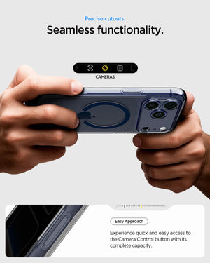 Spigen iPhone 17 Pro Ultra Hybrid MagFit case in Clear Deep Blue - Camera Control access and fit details